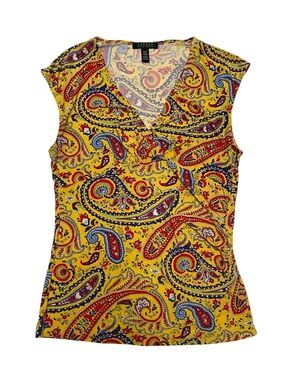 Lauren Ralph Lauren Yellow Paisley Print  Knit V-Neck Tank Top Summer Essential
